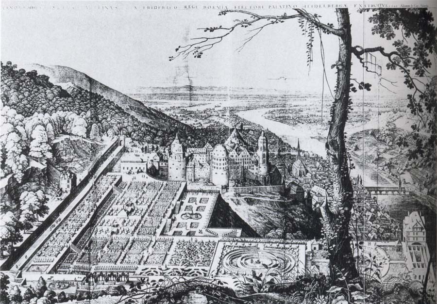 Salomon de Caus Bird-s-eye view of the Palatine garden at  Heidelberg